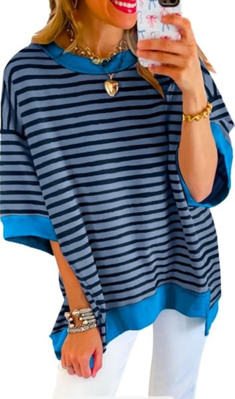 NWOT SHEWIN Women's Oversized Crewneck Striped Sweatshirt Pullover Shirt Sz M